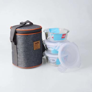 Cello Glass Lunch Box Set of 3 With Bag | 400ml Airtight, Microwave-Safe, Lead-Free, Leak Proof Tiffin Box | Food Storage Box For Office